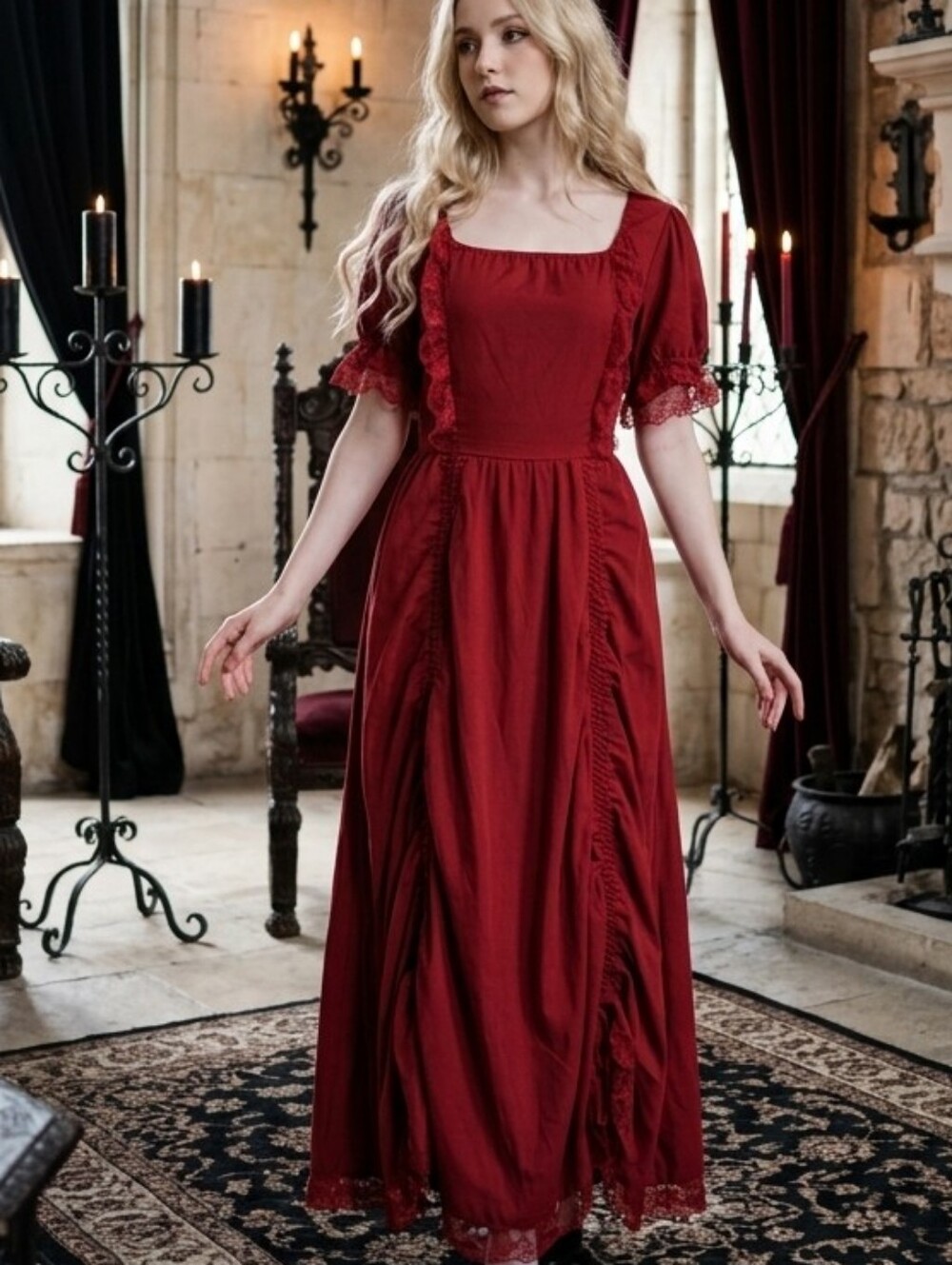 Scarlet Darkness XL Red lace trim ruched renaissance maxi dress